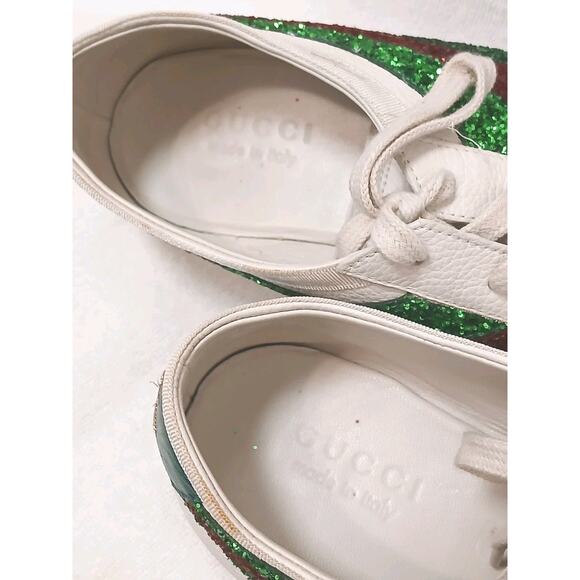 Gucci Falacer Lace Up Sneakers Men's Sz 7 White Leather Green Red Glitter Tennis - Picture 16 of 16
